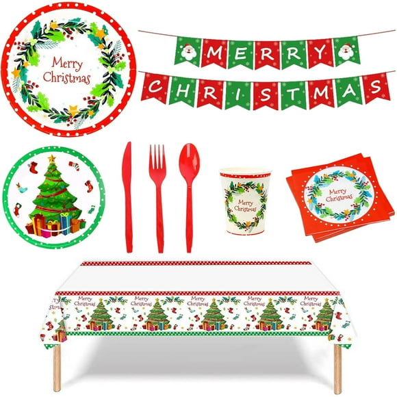 Set de Vajilla Navideño Platos DinnMerry 4Kits Navideño 96Platos 7"ø 96Platos 9"ø 4Juego de Banderines "MERRY CHRISTMAS"