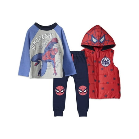 

Marvel Avengers Spider-Man Toddler Boys Vest Puffer T-Shirt and Jogger Pants 3 Piece Outfit Blue/Gray/Red 2T