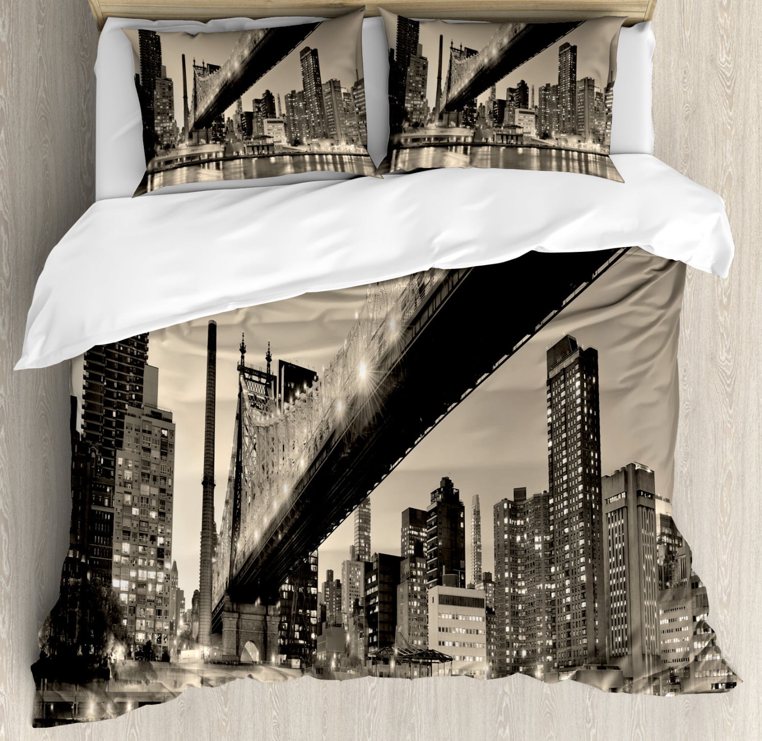 New York Duvet Cover Set Queen Size, Queensboro Bridge NYC Night Sepia Artprints Urban City View