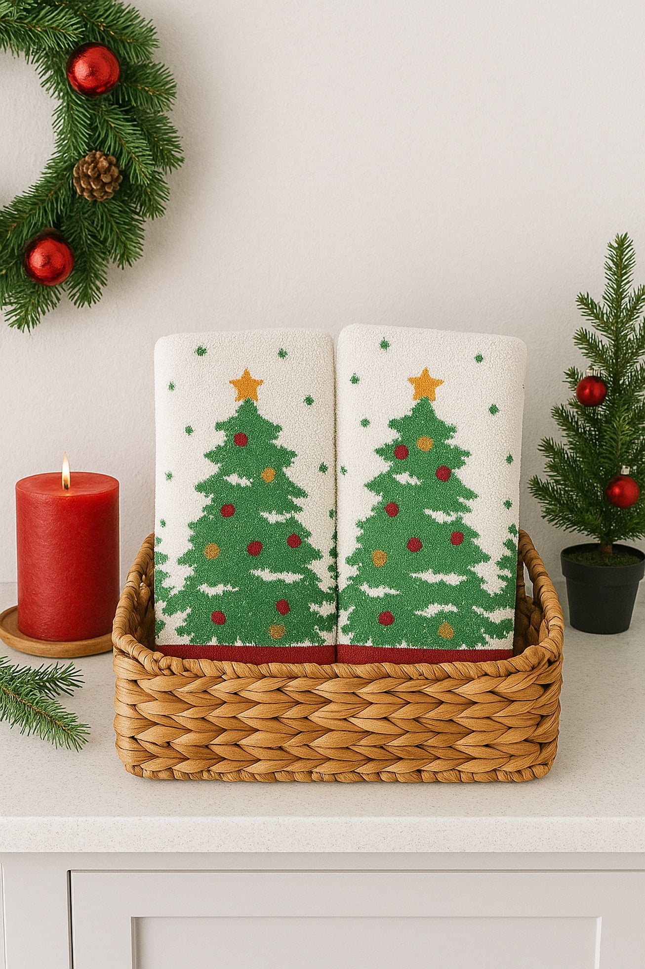 St Nicholas Christmas Tree Bath Hand Towels Embroidered Ornaments 2 Pieces Cotton