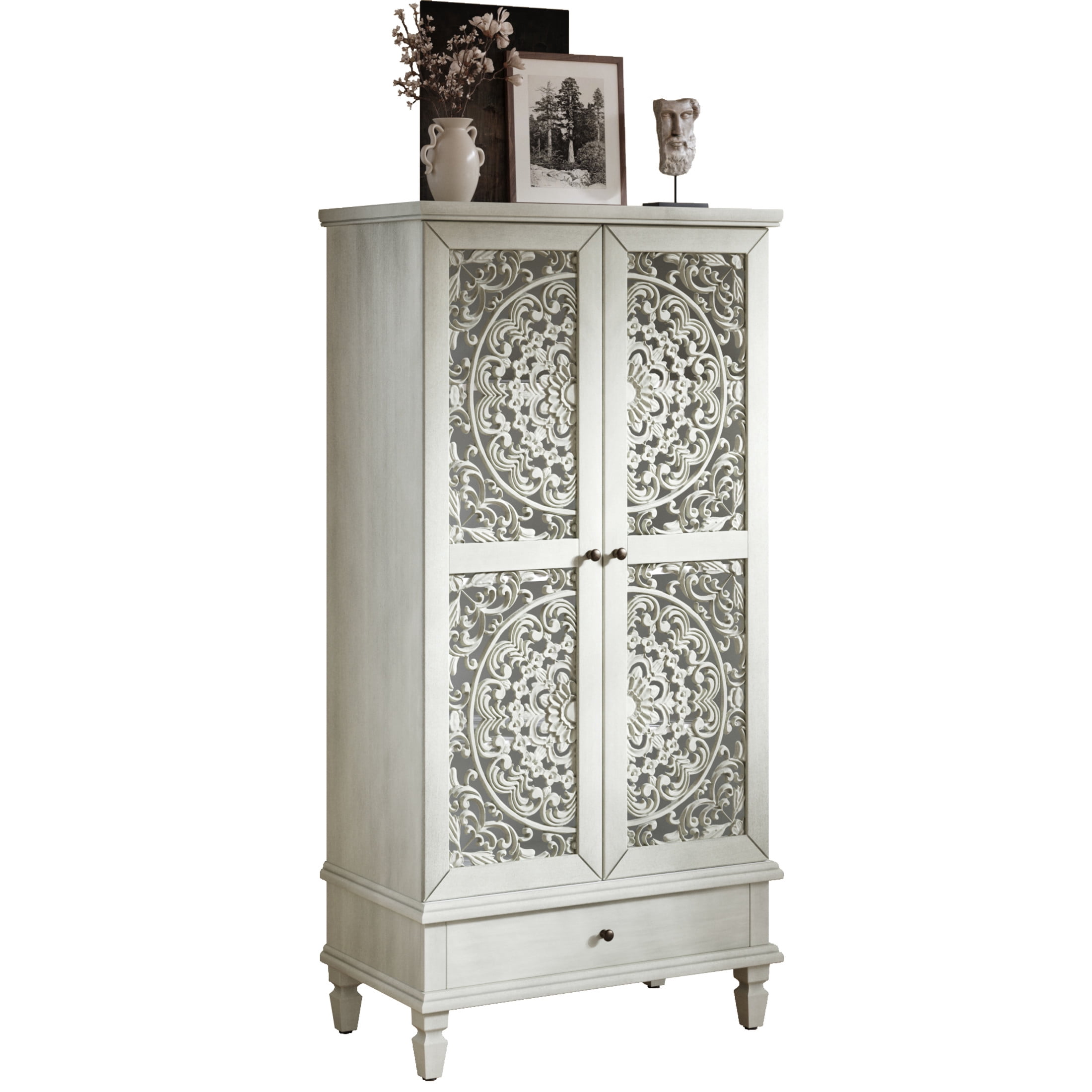 Noble house Rustic Tall Storage Cabinet with Drawer, Carved 2-Door Cabinet with Solid Wood Legs,Antique White
