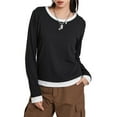 thumbnail image 2 of Women T-shirt Long Sleeve Crew Neck False 2-piece Patchwork Fall Tops Streetwear, 2 of 9