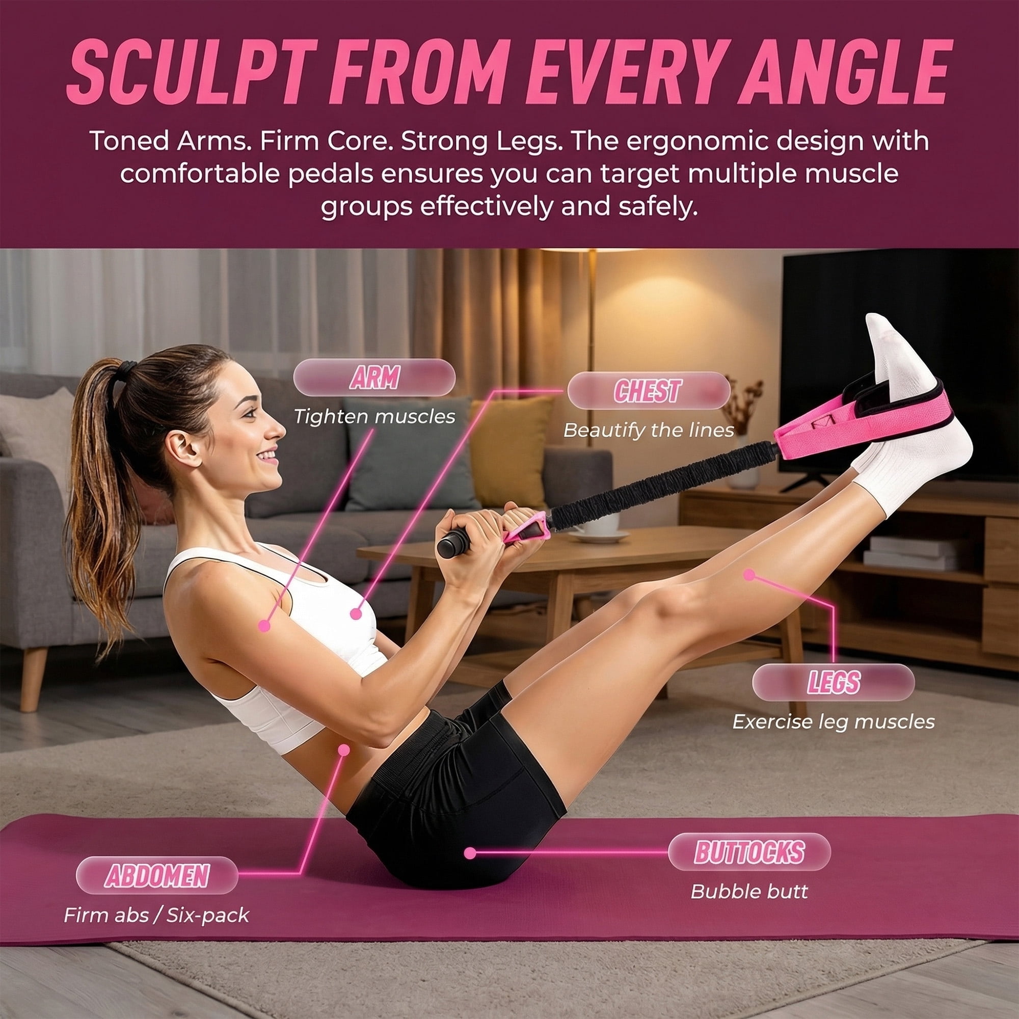 Pedal Resistance Band for Home Workout Sit Up Exercise Band for Core Legs Arms Pilates Training Pink