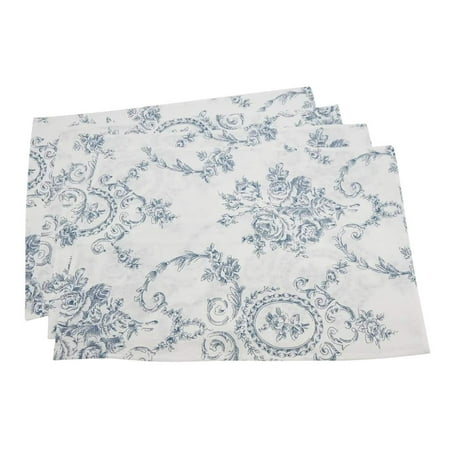 

Fennco Styles Toile Floral Print 100% Linen Placemats 14 x20 Inch Set of 4 - Indigo Table Mats for Home Décor Dining Table Wedding Party and Special Occasion