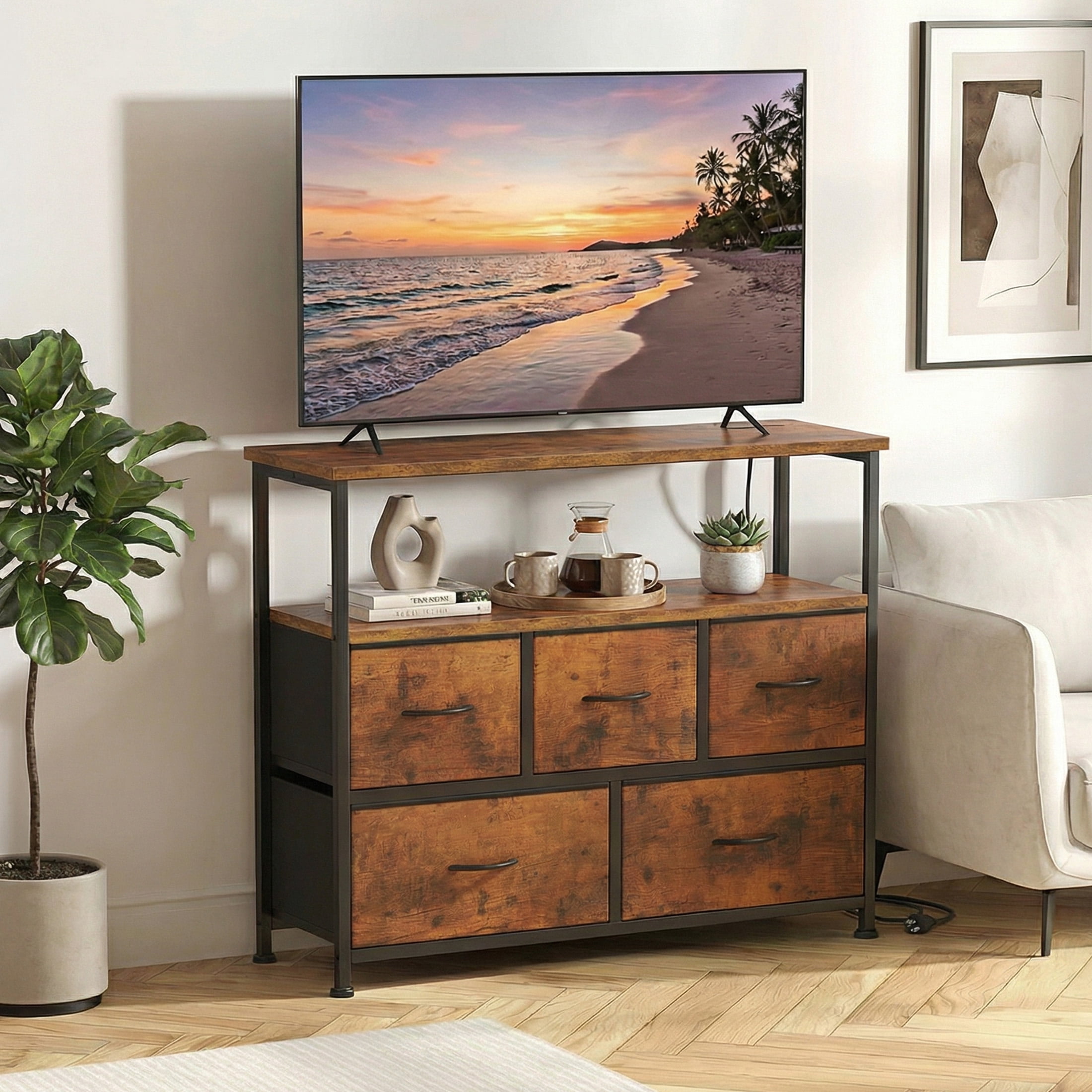 edx 5 Drawers TV Stand Dresser for 45" TV, Media Console with Charging Station & 2 Shelves, Storage Organizer for Bedroom Living Room, Rustic Brown