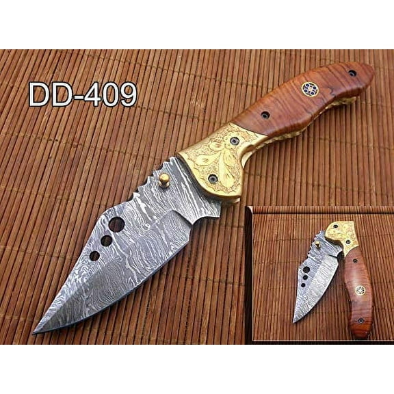7.5" Folding Knife, 3.5" Hand Forged Twist Pattern Damascus Steel Blade with 3 Holes, White Camel Bone Scale Pocket Knife, Liner Lock & Thumb knob Equipped, Cow Hide Leather Sheath (Wood)