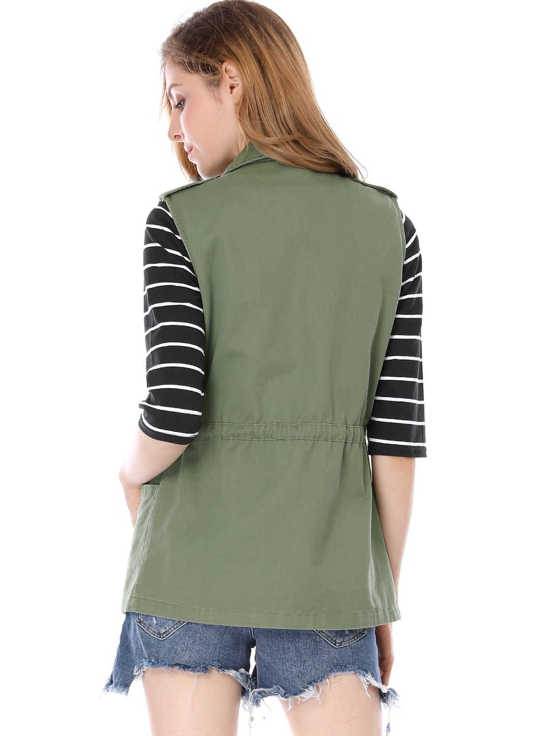 DARING DIVA Women Functional Pockets Drawstring Waist Cargo Vest 3XL Green