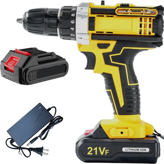 Cordless Drill&Impact Driver Combo-21V Lithium-Ion Rechargeable Multi-Function Hammer Drill with Electric Screwdriver, Pistol Grip Design for Home DIY Projects