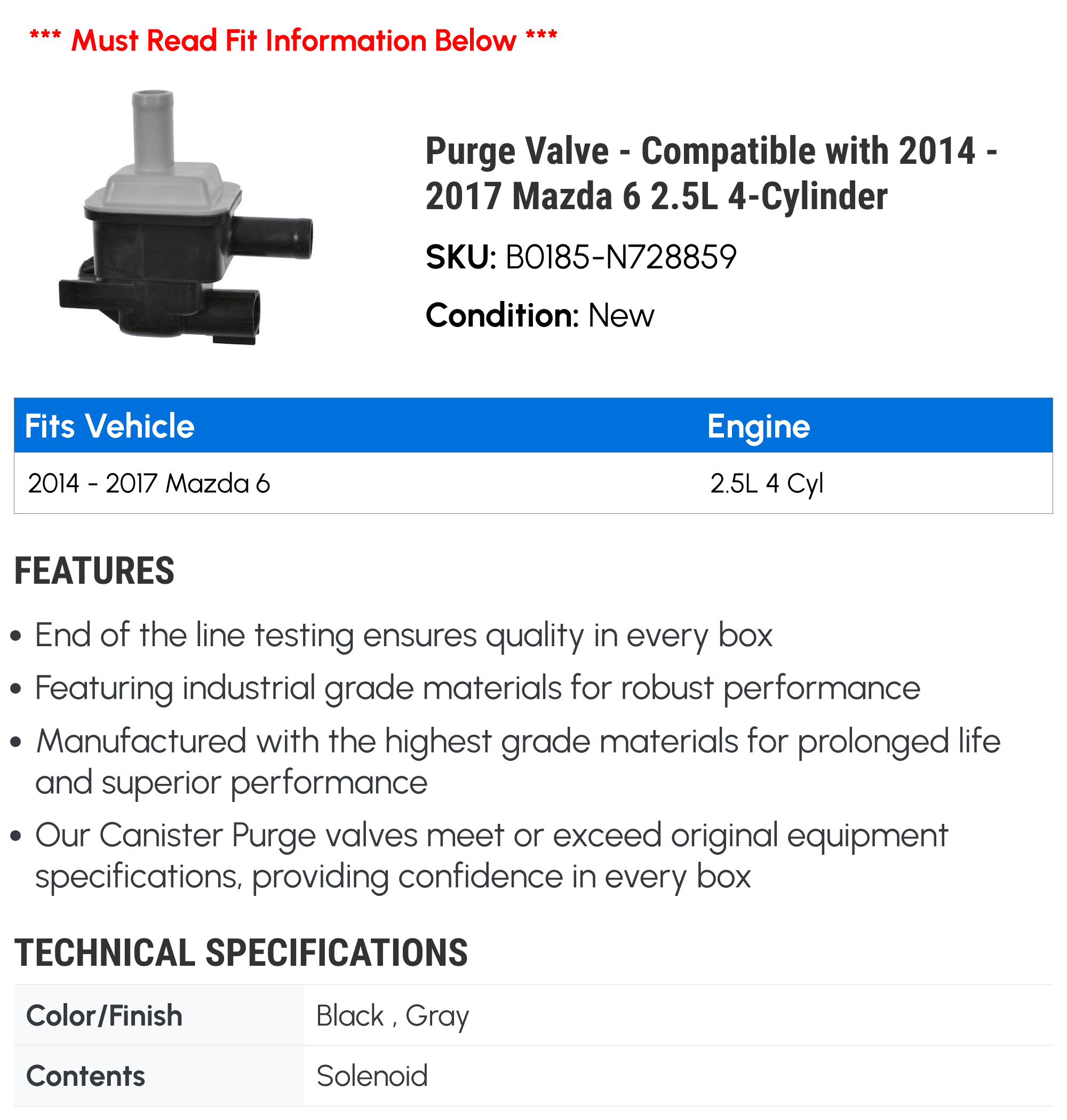 Purge Valve - Compatible with 2014 - 2017 Mazda 6 2.5L 4-Cylinder 2015 2016