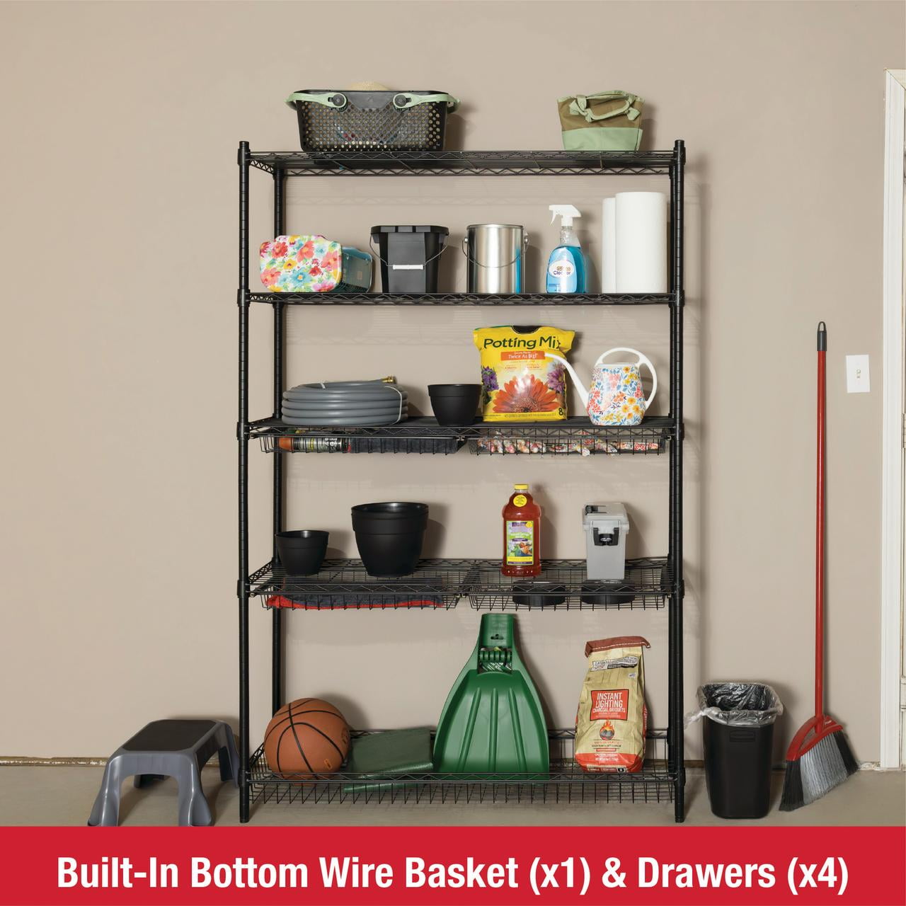 Rubbermaid 5-Tier Deluxe Heavy Duty Black Wire Shelving Unit with