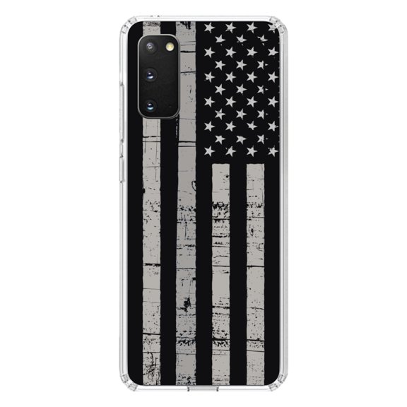 DistinctInk Clear Shockproof Hybrid Case for Galaxy S20 / S20 5G (6.2" Screen) - TPU Bumper, Acrylic Back, Tempered Glass Screen Protector - Black Grey US Flag United States - America