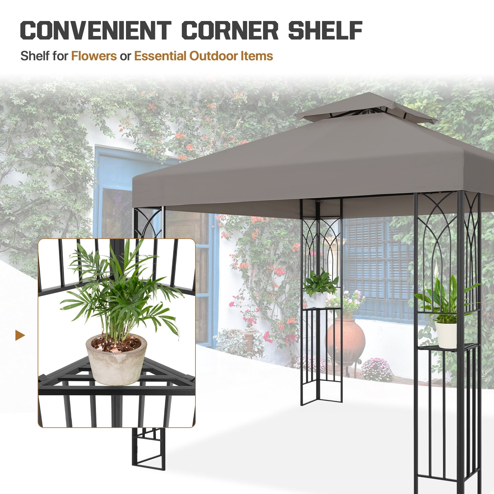 COOS BAY 8x8 Outdoor Patio Gazebo with Corner Shelves, Two-Tier Soft Top Canopy for Backyard, Lawn, Deck and Garden, Gray