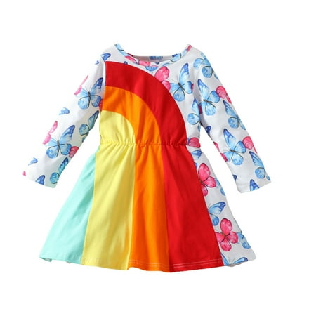 

Fesfesfes Toddler Kids Girls Dress Cute Butterfly Print Long Sleeve Dress Rainbow Colors Cotton Ruffle Princess Dress Spring Saving