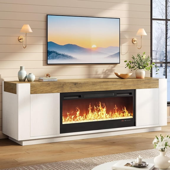 70 Inch Fireplace TV Stand with 35.4" Smart Crystal Electric Fireplace, Modern Farmhouse Media Console Cabinet with Adjustable Shelves, Entertainment Center for 80" TV, White