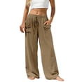 thumbnail image 2 of Siminsem Women's Cotton Linen Wide Leg Pants Elastic Waist Casual Trousers with Pockets Adjustable Drawstring Loose Fit Palazzo Summer Beach Lounge Vacation Outfits, Khaki, L, 2 of 8