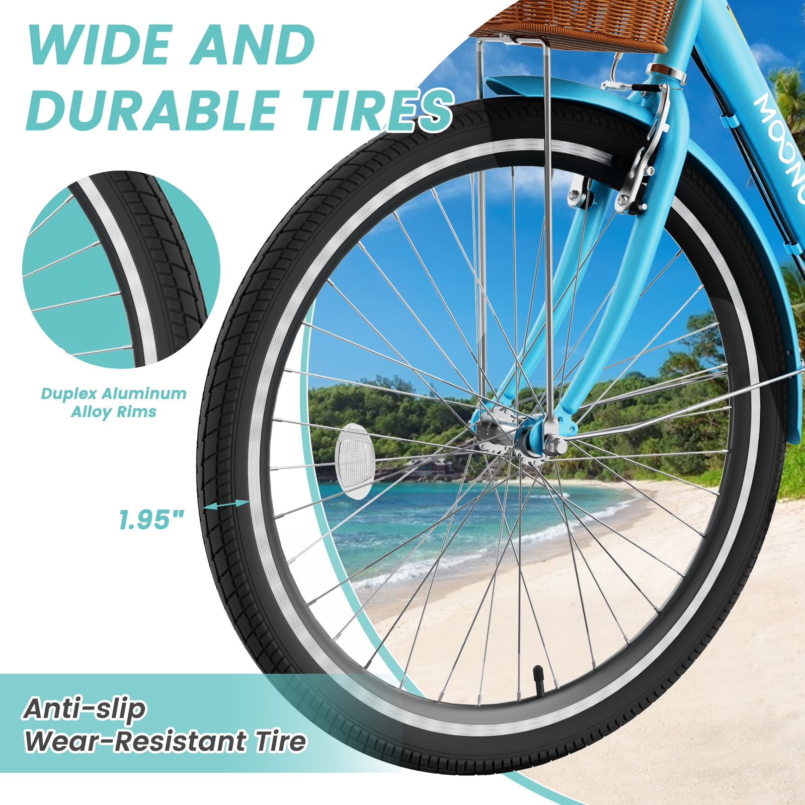 MOONCOOL 24/26 Inch Cruiser Bike for Women, 7 Speed Step-Through Bicycle with Basket, Rear Rack & Lock, Retro City Bike for Adults