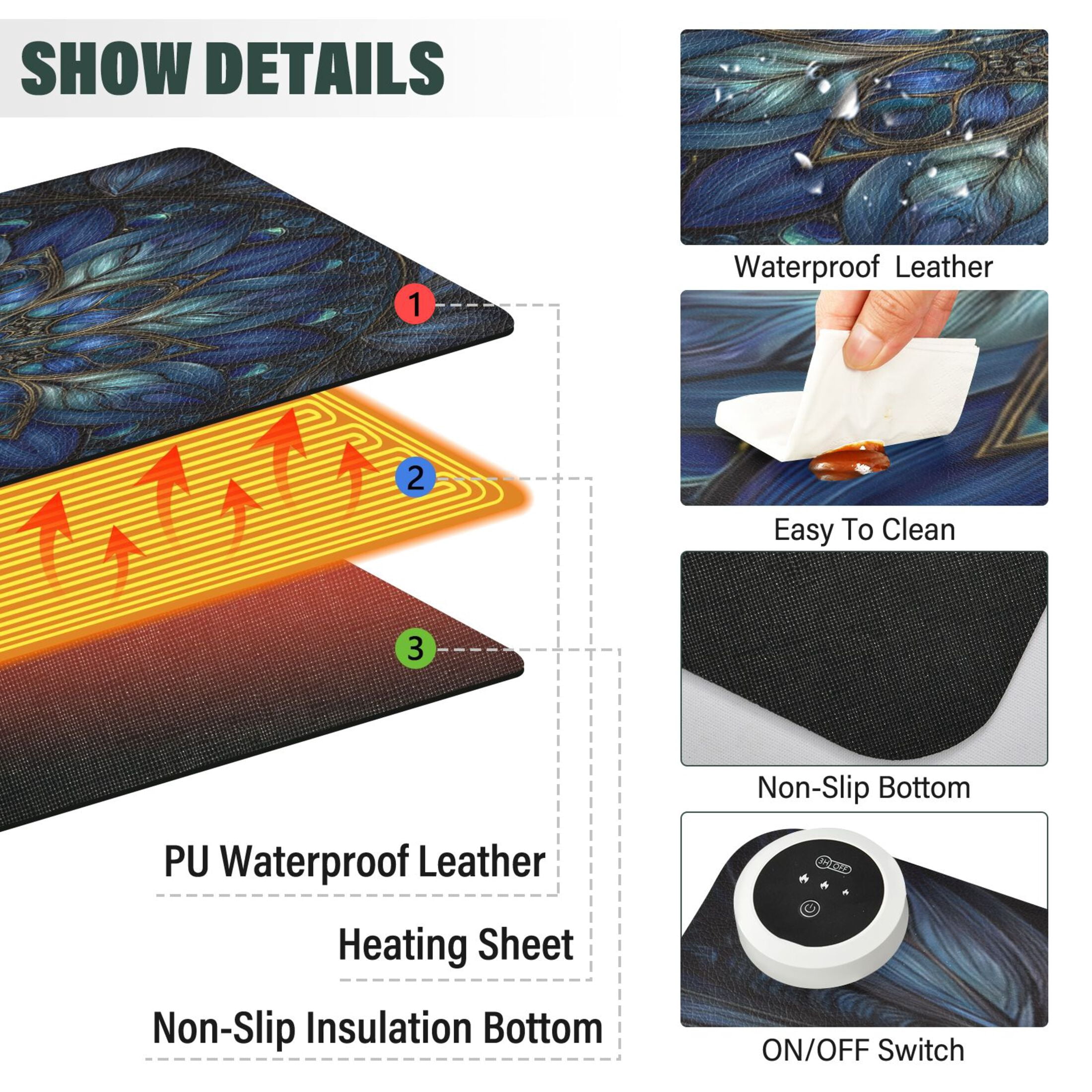 Large Heated Desk Mat Mouse Pad 31.5"x13"PU Leather Graphene Heating Desk Warmer with 3 Temperature Settings 110V US Plug Non-Slip Warm Pad for Home, Office, and Gaming Blue Glass Flower Petals