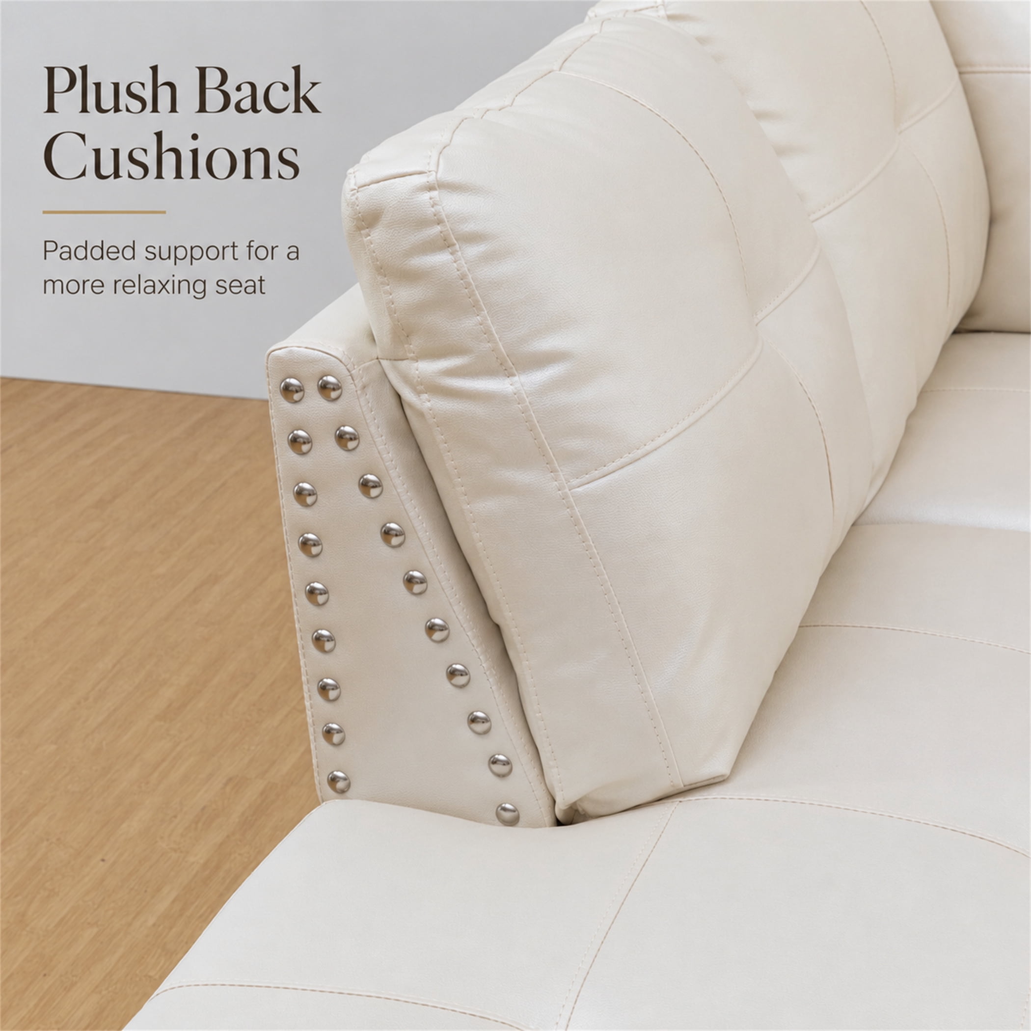 Aukfa 98" L Shaped Sectional Couch with Cup Holder Console, Tufted Back&Nailhead Trim, Oversized Left Chaise Leather Sofa for Living Room, White