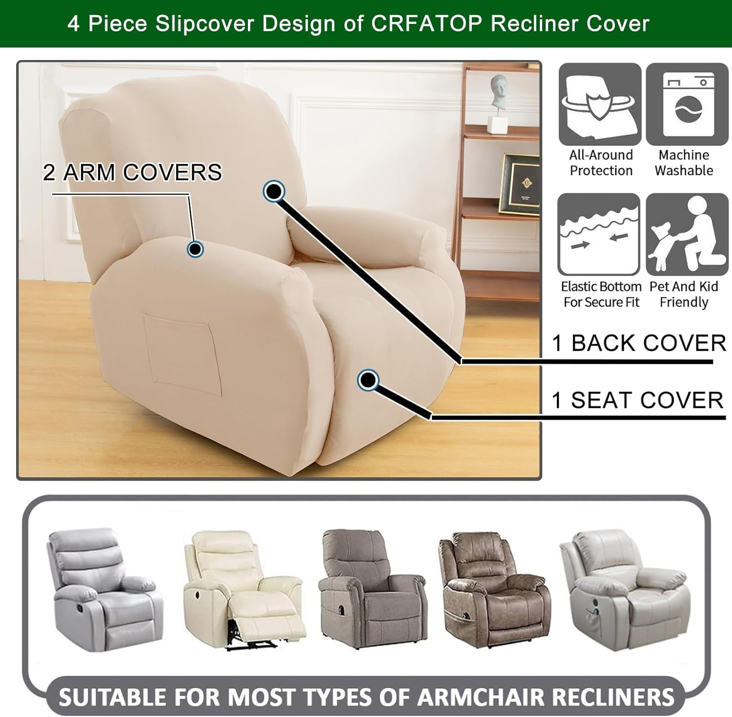 Firefly Hope Couch Cover Polyester Sofa Covers 1 seat Reclining Chair Cover - Easy Fit Washable Furniture Protector for Living Room (Light Yellow)