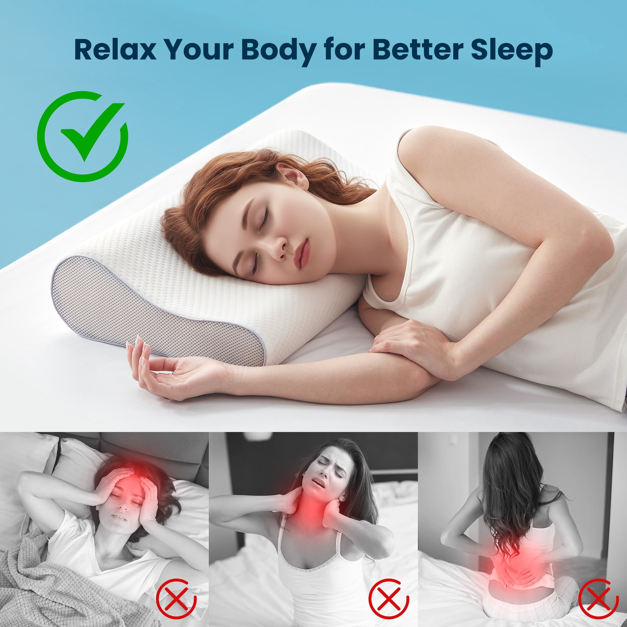 Sleep Zone Standard Memory Foam Pillow, Ergonomic Adjustable Orthopedic Contour Bed Pillows Neck Support for Side and Back Sleepers, White