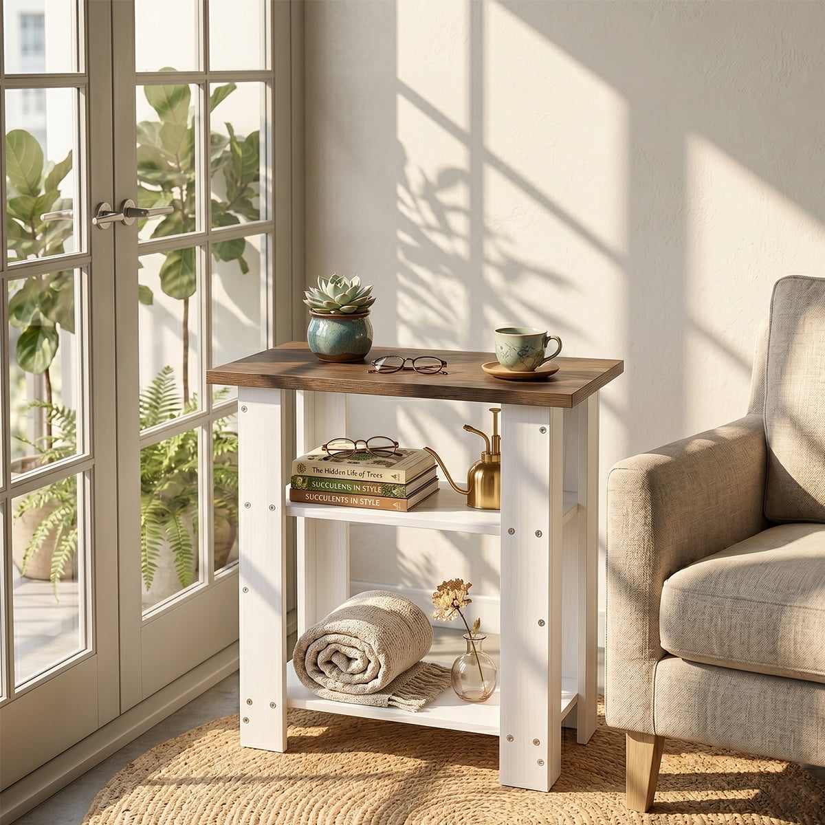 ZEXVIDA, Narrow Side Table, 3-Tier Modern Farmhouse with Oak Top