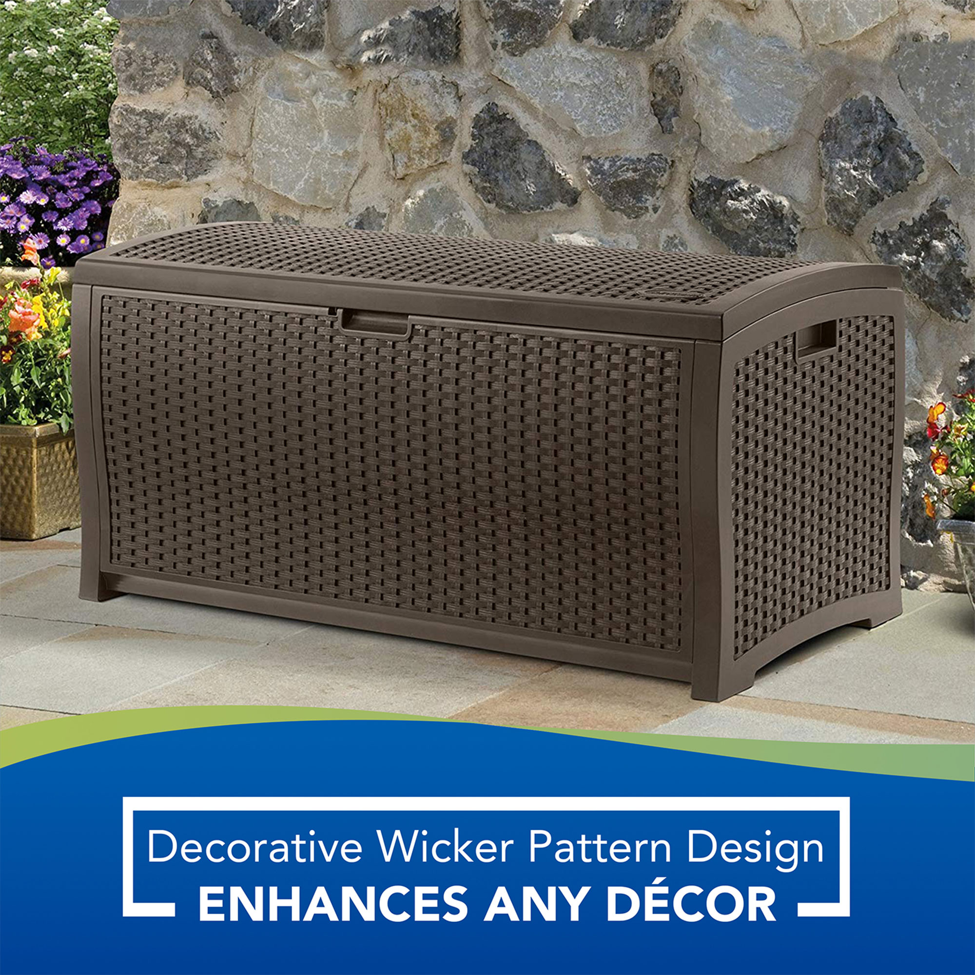 Suncast Indoor and Outdoor 73 Gallon Resin Deck Box with Seat, Mocha Brown, 46 in D x 22.5 in H x 21.6 in W - image 6 of 8
