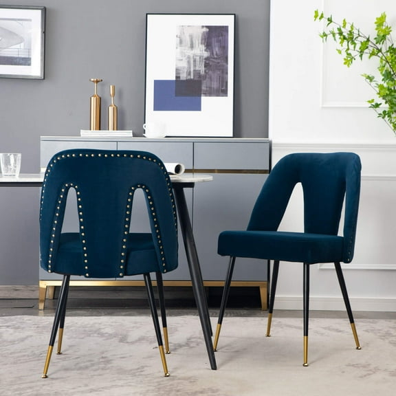 Orion Modern Upholstered Velvet Dining Chairs with Nailhead Trim, Metal Legs, Blue, Set of 2
