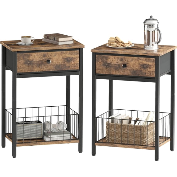 Night Stand Set 2, Night Stand with Drawers, Industrial nightstand, Nightstand with Fabric Bins, Bedside Table End Table for Bedroom, Closet, Entryway, College Dorm, Rustic Brown LNT0061BR2