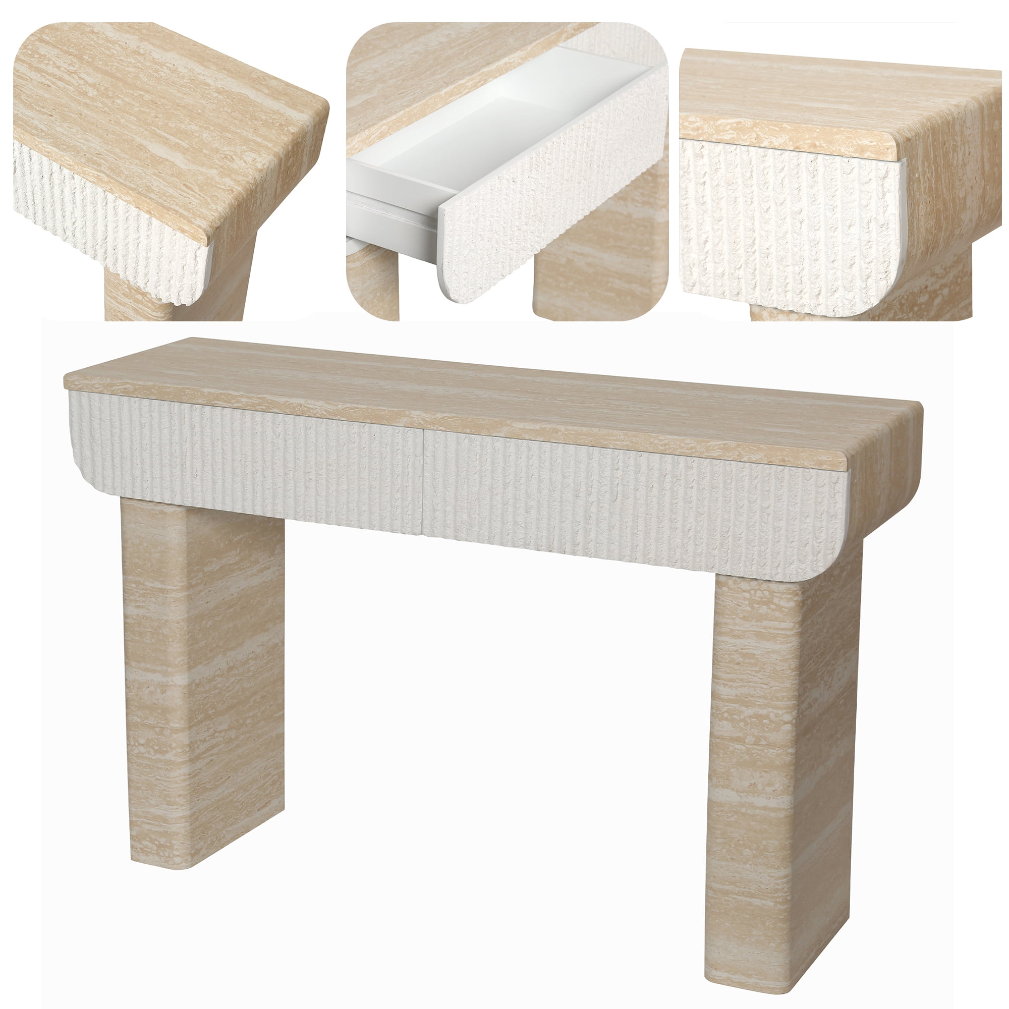 Shaiailed 47" Faux Travertine Console Table with 2 Drawers,Long Entryway Table, Narrow Hallway Table,Foyer table,Contemporary Sofa Table Behind Couch with Storage for Living Room