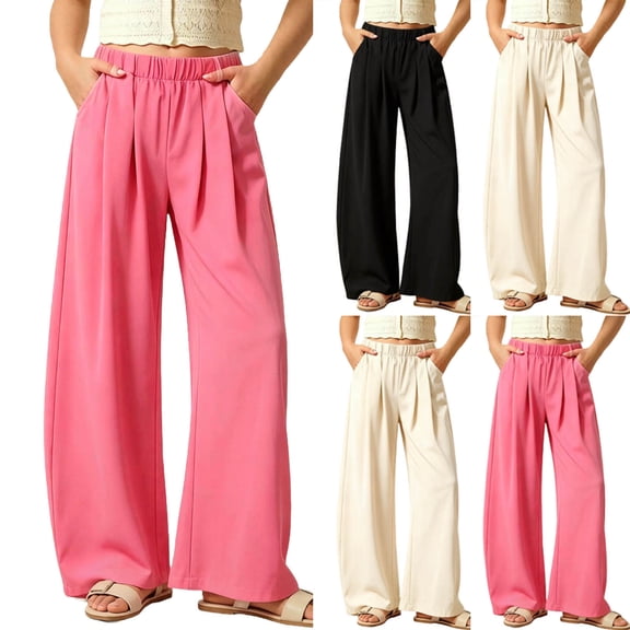 Girls High Waisted Uniform Pants Kids Wide Leg Dress Pants Casual Trousers with Pockets 5-14 Years Hot Pink