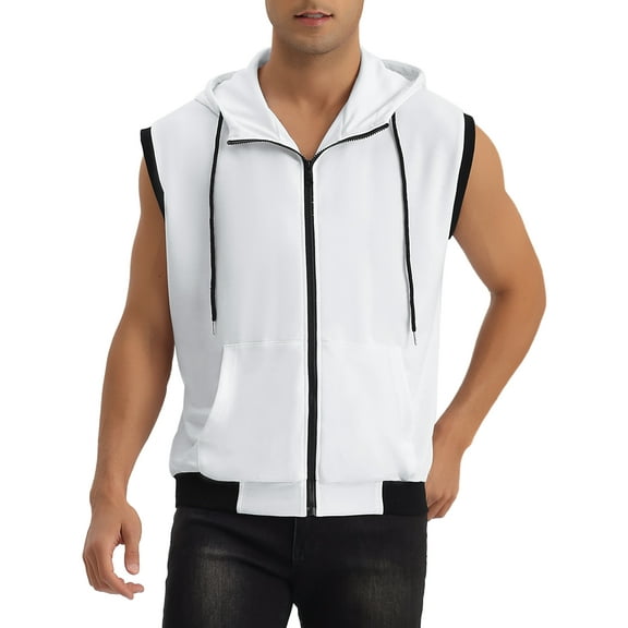 INSPIRE CHIC Men's Vest Hoodie Zip Up Sleeveless Drawstring Hooded Vest M White