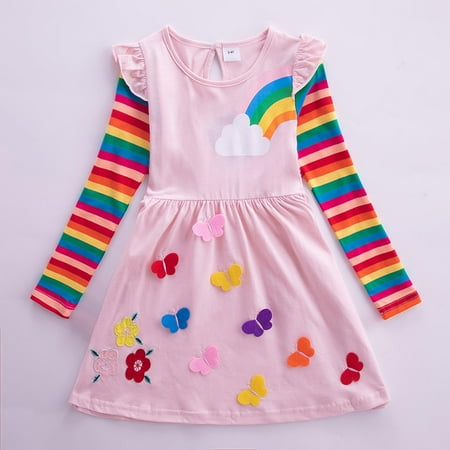 

XMMSWDLA Toddler Girl Clothes Autumn Children s Girl s Clothing Long Sleeve Flower Butterfly Embroidery Rainbow Dress Deals Clearance