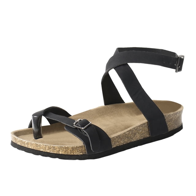IUJSOY Womens Slide Sandals Cork Footbed Clip Toe Cross Ankle Strap Adjustable Buckle Flat Sandals