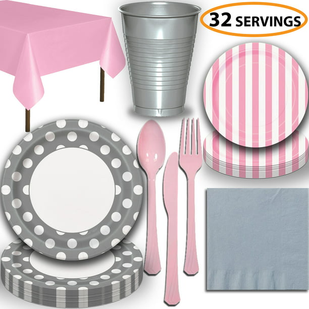 Disposable Tableware, 32 Sets - Silver and Lovely Pink - Dotted Dinner ...