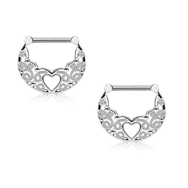 Paire de Cliquets pour Mamelon 14 g à Motif Filigrané avec Centre en Forme de Cœur Creux