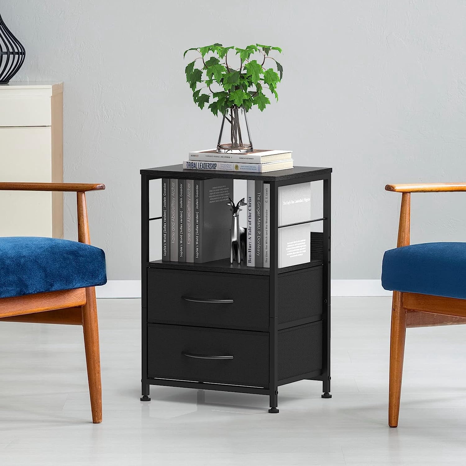 Nightstand for Bedroom End Side Table with 2 Drawers and Open Shelf Wood, Black