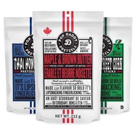 Pop Daddy Flavored Pretzels Sticks, Gourmet Pretzels, 7.5oz Variety Pack, 3 Pack, Maple and Brown Butter, Thai Honey Curry, Mexican Street Corn