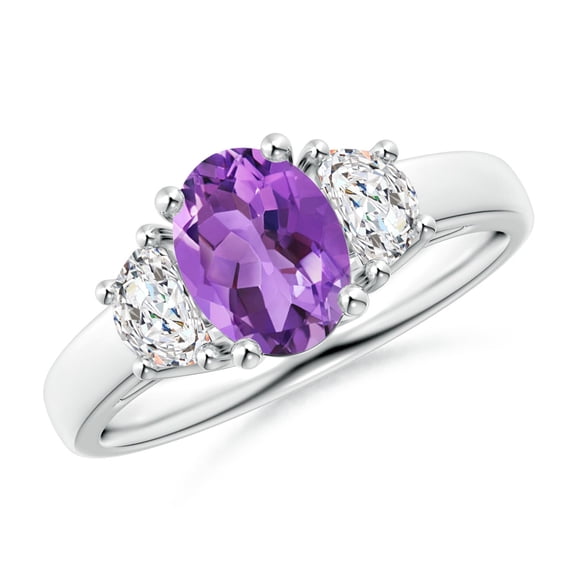 ANGARA Natural Three Stone Oval 1.15 ct Amethyst and Half Moon Diamond Ring in 14K White Gold for Women (Size-8x6mm) | February Birthstone, Anniversary, Jewelry Gift for Women | Natural Amethyst Ring