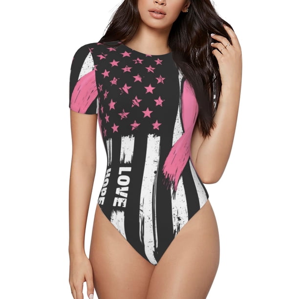 Fotbe Ribbon Breast Cancer Awareness Body de Mujer con Cuello Redondo y Mangas Cortas, Sin Mangas Ajustado, Suave, Cómodo y Básico-Large