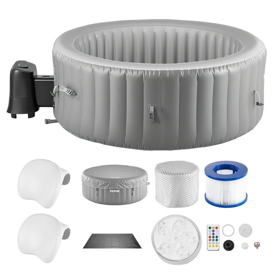 VEVOR Inflatable Hot Tub, 6 to 8 Person Capacity, 94.5 x 26in Round Portable Outdoor Spa, with 130 Soothing Jets, Headrest, LED Light, Cover, Multi-function Control Panel, PVC Outdoor Hot Tub, Grey