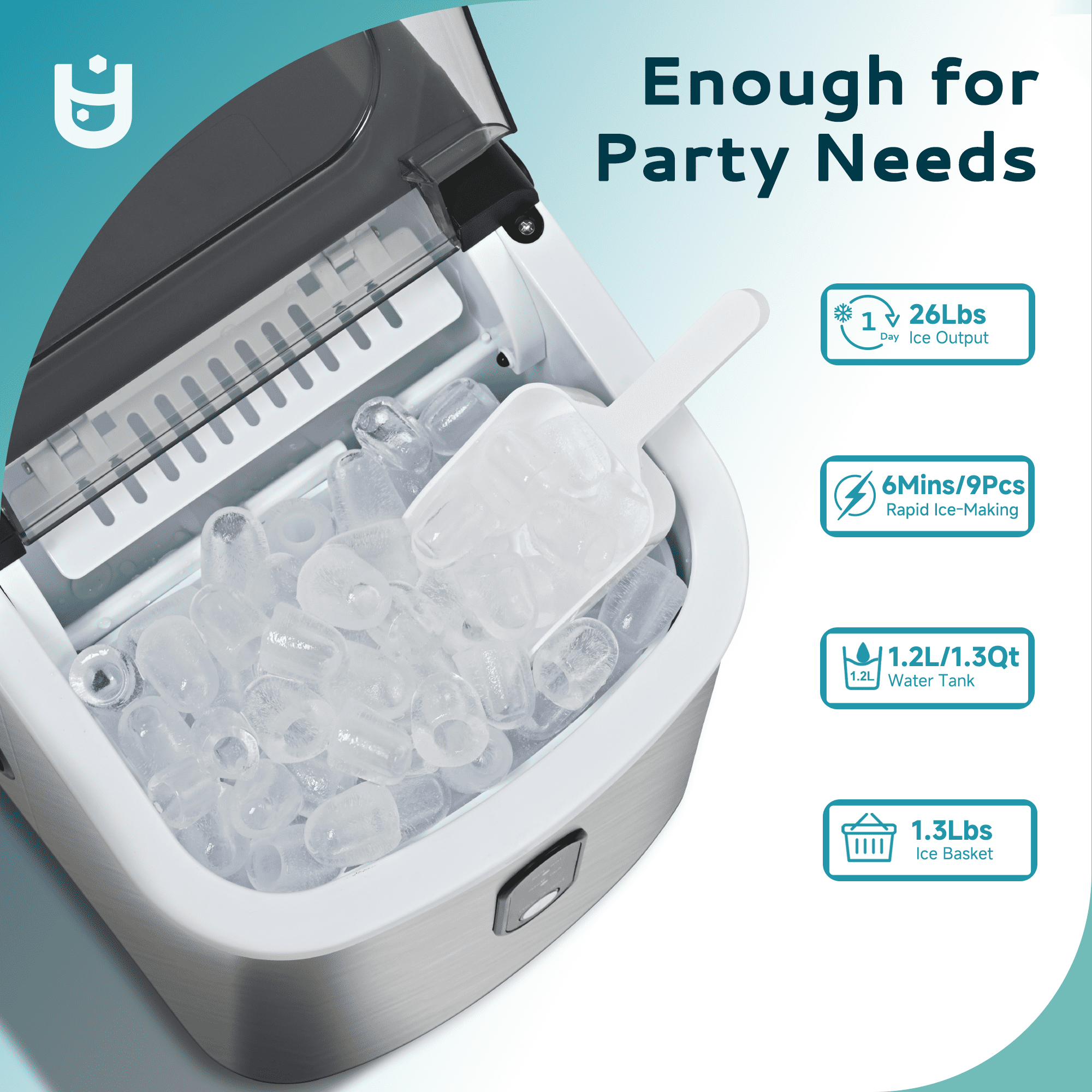 EUHOMY Countertop Ice Maker 26 lbs/Day Portable Self-Cleaning, 9 Bullet Ice in 6 Min, Silver