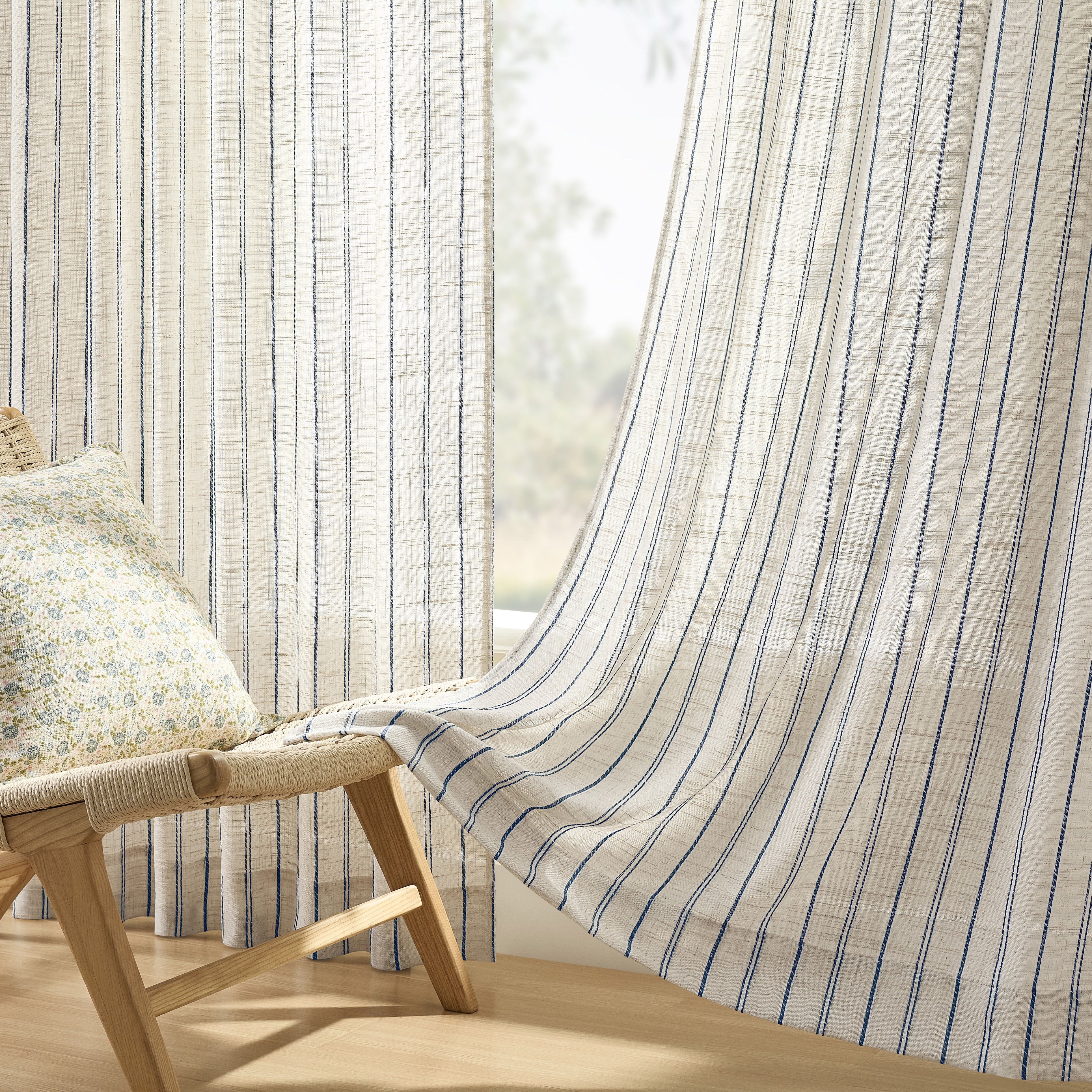 Muuphra Farmhouse Striped Linen Blend Curtains for Living Room Semi sheer Back Tab Coastal Drapes for Bedroom,2 Panels,52"×84"