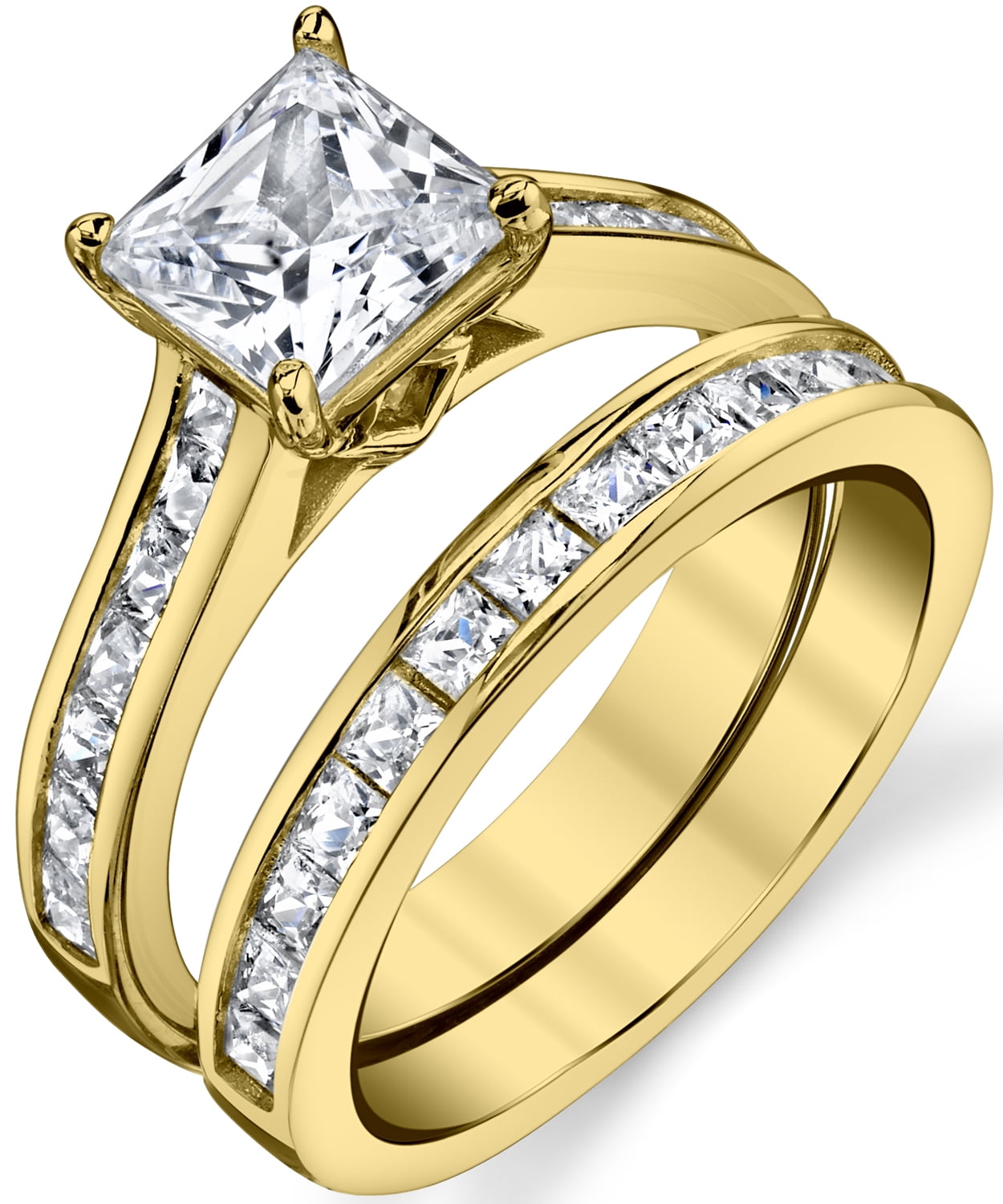 Gold Sterling Silver Princess Cut Engagement Rings CZ Bridal Sets Wedding Rings 