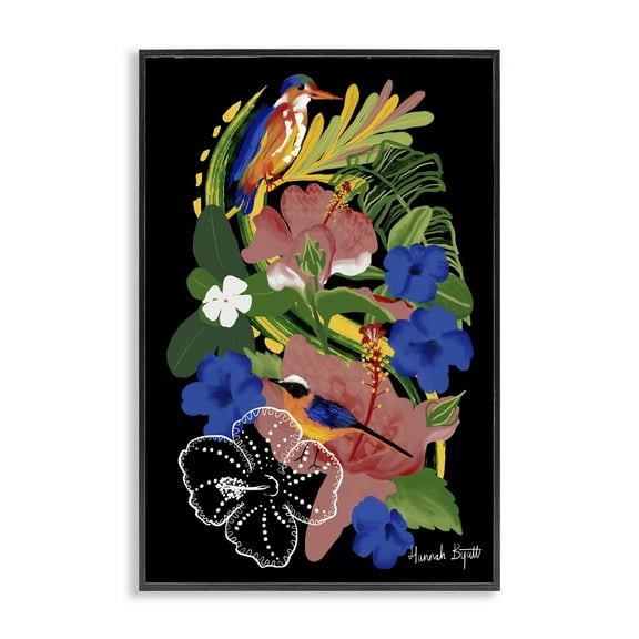 Stupell Industries Tropical Gambia Style Florals Animals Painting Black Framed Art Print Wall Art, 12 x 18