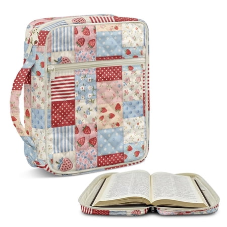 FUIALDOLG Lightweight Portable Bible Cover Strawberry Patchwork Quilted Case with Inner Pockets to Carry Scripture Books Pens Convenient Christian Accessories for Weekend Outdoor