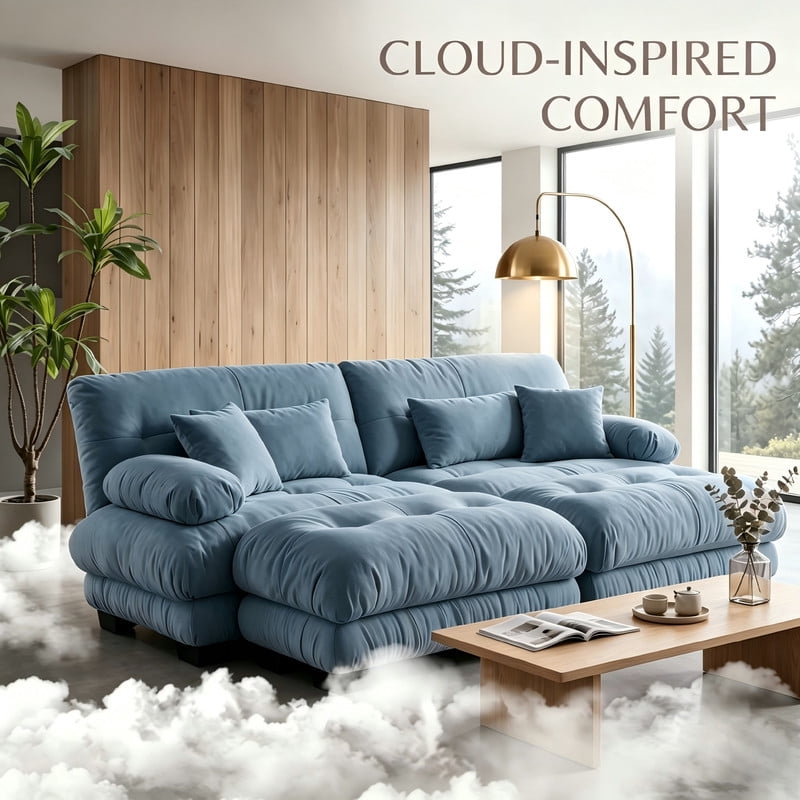 ANPPORT Cloud Couch Sleeper Sofa, Chenille Blue 2-Seater Modular Sofa with 2 Ottomans, 2 Lumbar pillows, 2 Pillows, Comfy Deep Seat Cloud Sofa, Convertible L-Shaped Floor Couch for Living Room