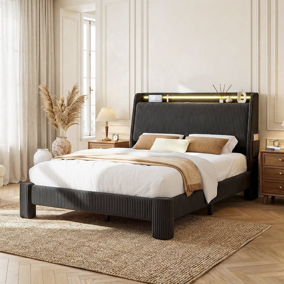 Vipuse Upholstered Queen LED Bed Frame with Hidden Storage Headboard and Charging Station, Corduroy Platform Bed with Wingback, Heavy Duty Wood Slats, No Box Spring Needed, Noise-Free, Black