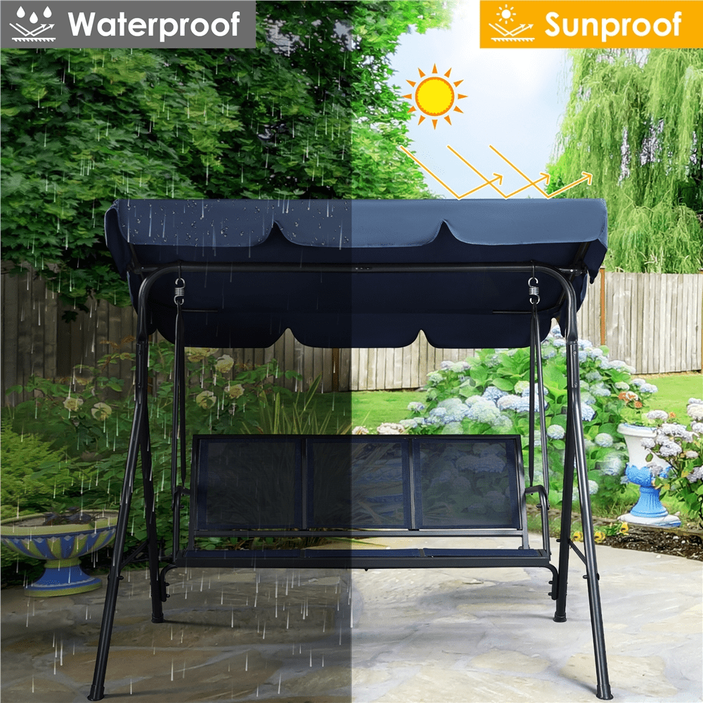 Alden Design 3-Seat Texteline Fabric Patio Swing Chair with Adjustable Canopy/ Armrests, Blue