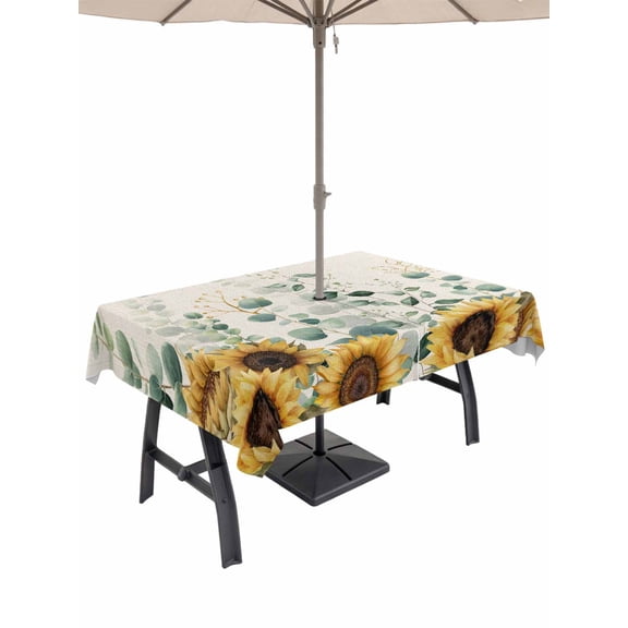 Outdoor Tablecloth with Umbrella Hole and Zipper, Sunflower Rectangle Table Cloth 60x120 Inch Waterproof Tablecloth, Yellow Floral Pastoral Botanical Leaves Rustic Picnic Table Cover for Patio
