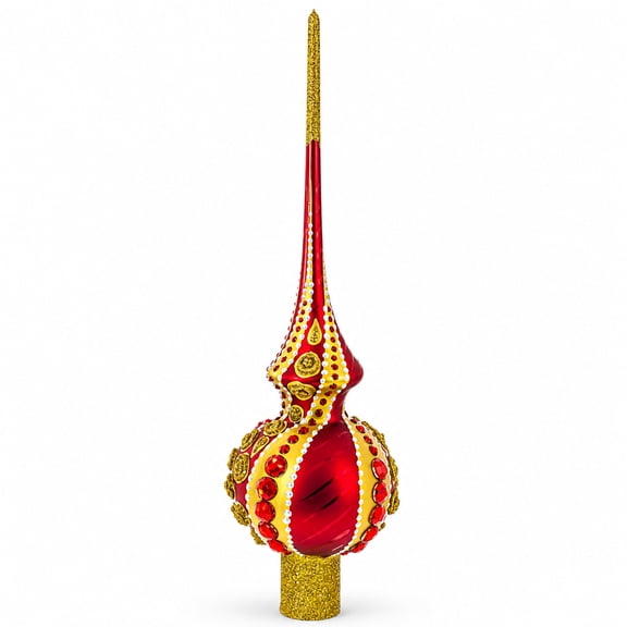 Dimensional Red Jewels on Golden Spirals Mouth Blown Glass Tree Topper
